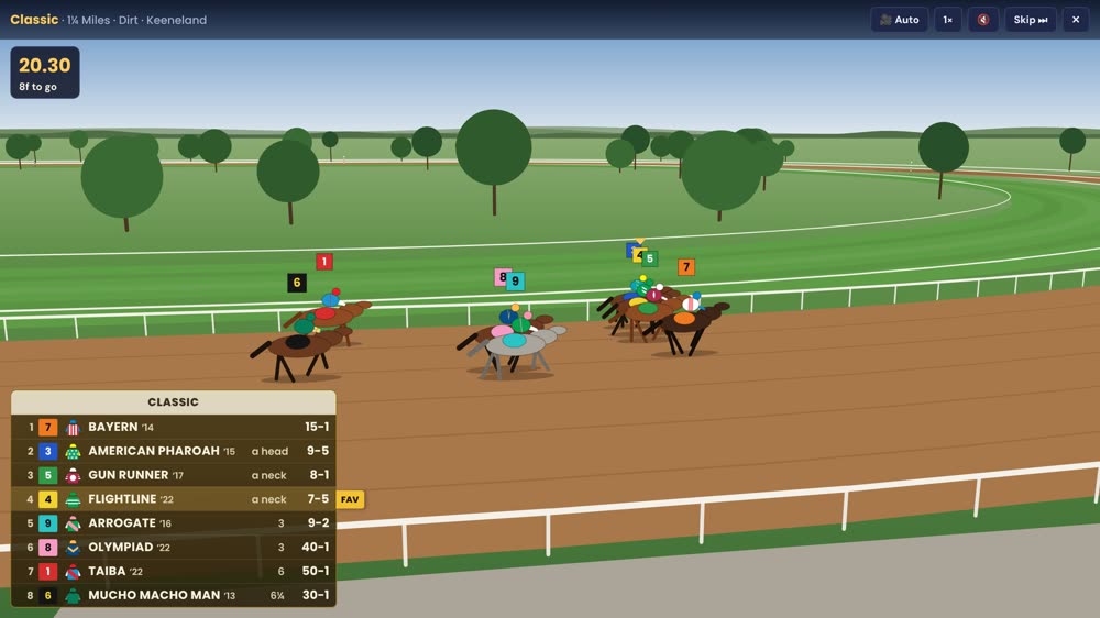 Side-on down the backstretch with the running order and fractions