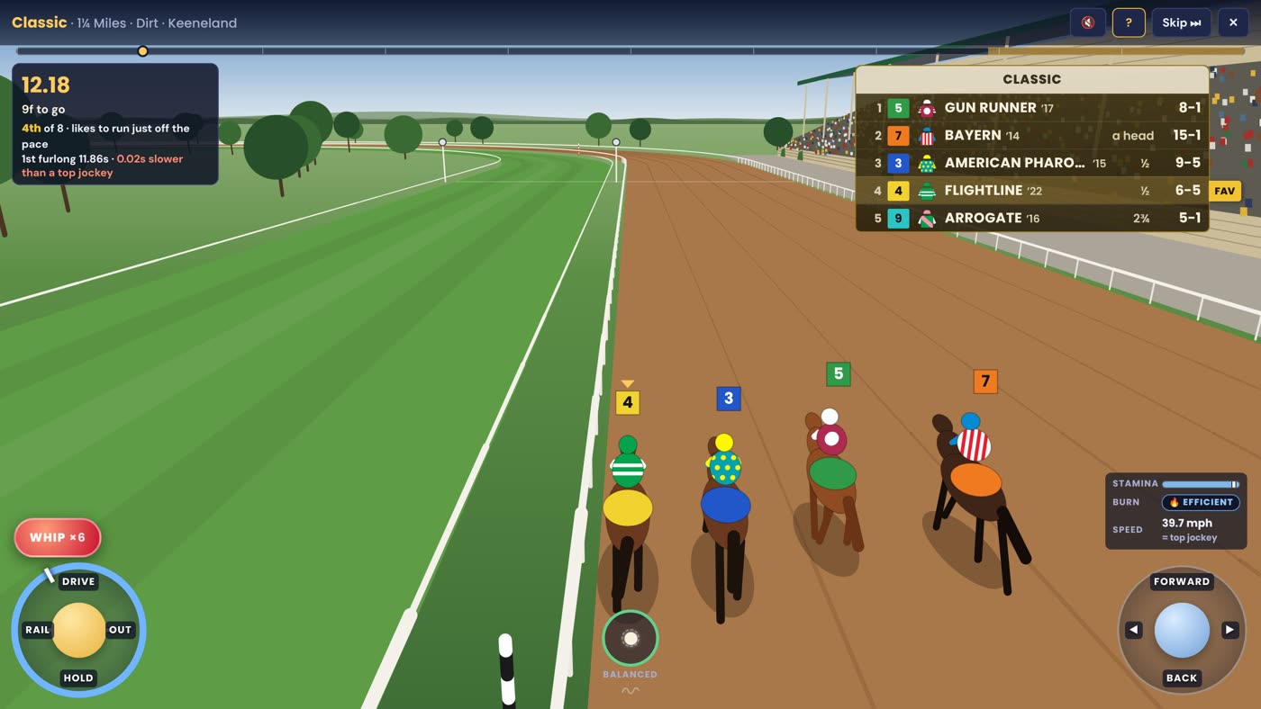 14–0 today: a chase camera behind the field at Keeneland, with the race board, clock and ride controls