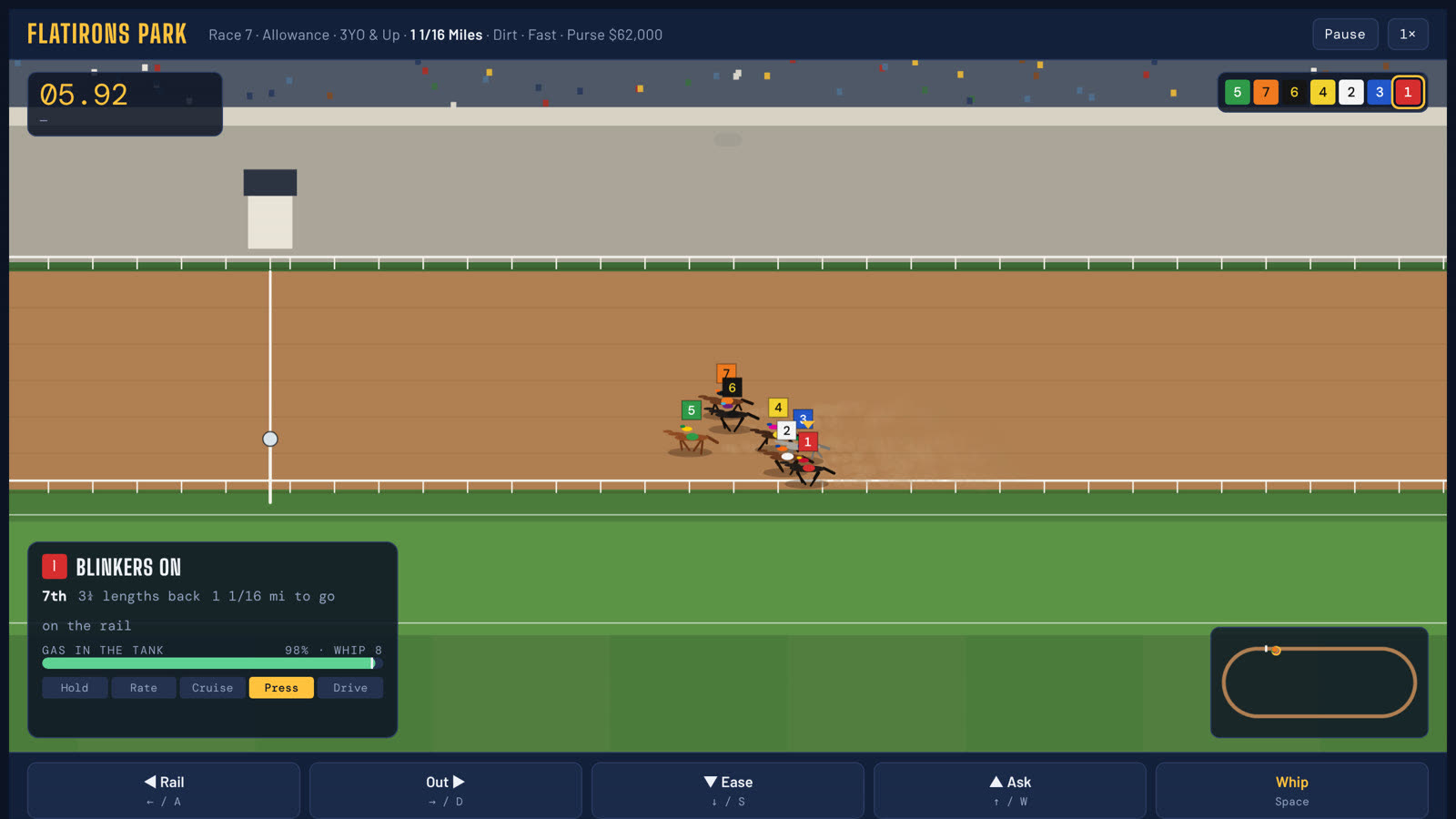 Flatirons Park, the first version: a side-on view of eight horses on a dirt track, with a gas tank and Hold, Rate, Cruise, Press and Drive controls