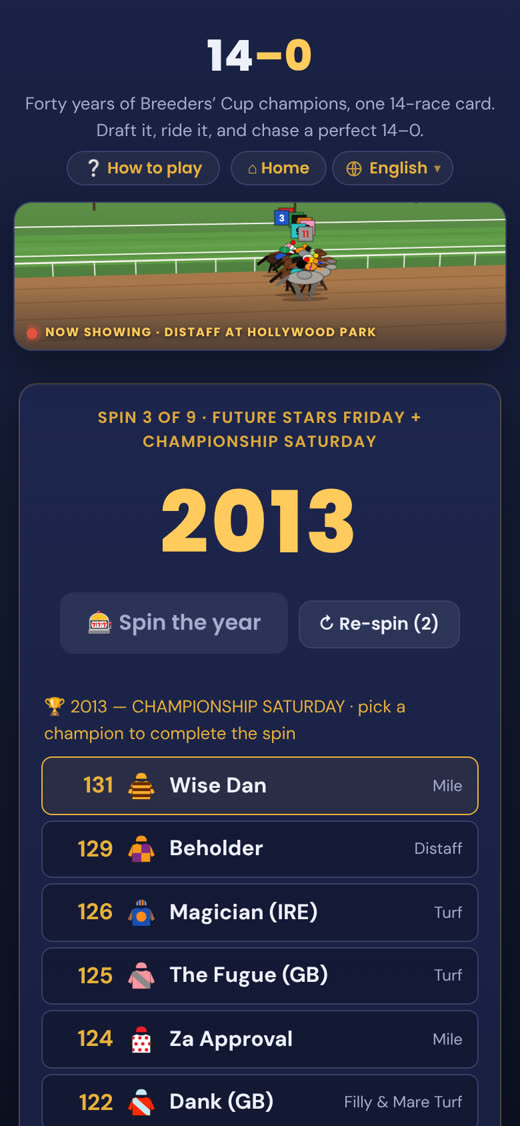 The 14–0 draft on a phone: spin a year, pick a horse for each race
