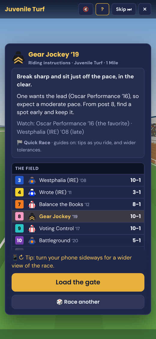 The paddock briefing before a ridden race: the plan, the pace, and the field with morning-line odds