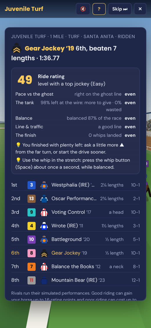 The ride report after a race: a ride rating and the finishing order