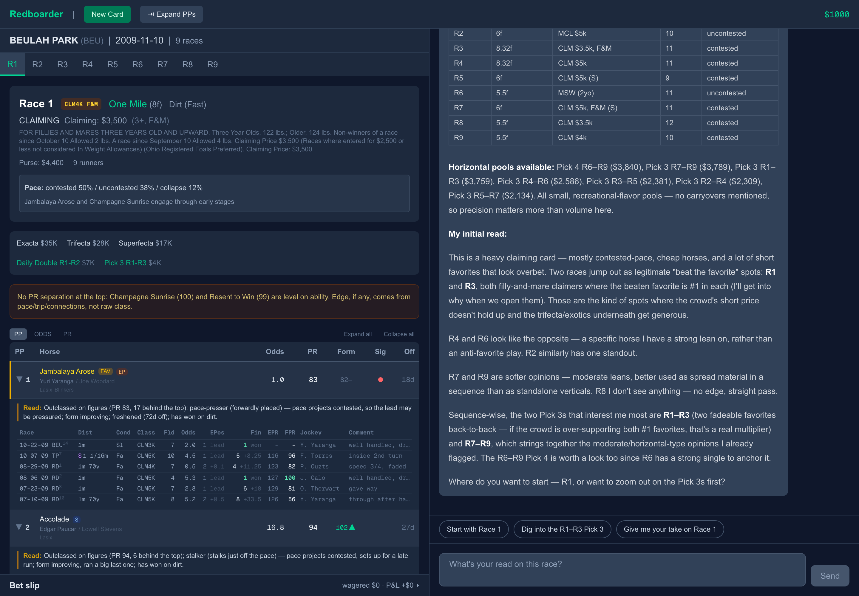 redboarder: past performances on the left, an AI handicapping partner on the right